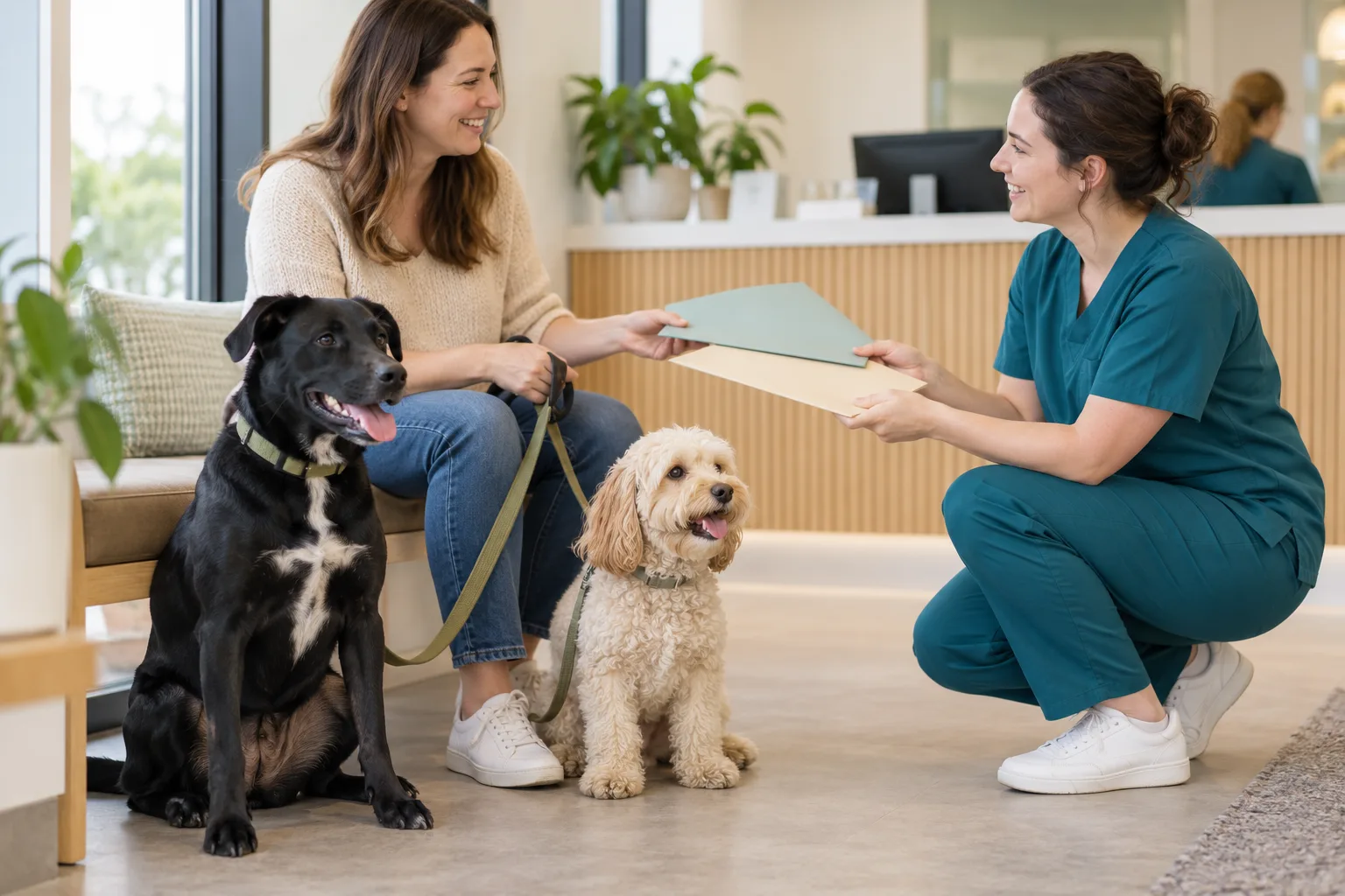 Veterinary professional talking with an owner beside two dogs in a clinic